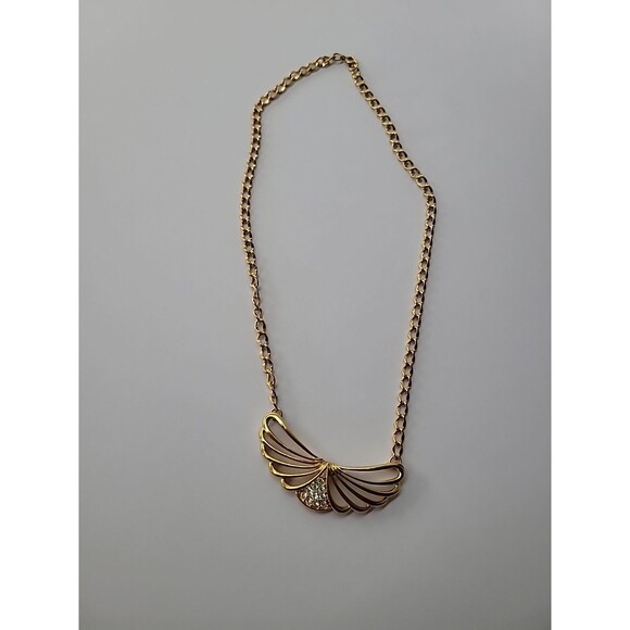 Vintage Necklace Wings Gold Tone White Crystals Chain Jewelry Costume - Picture 8 of 15